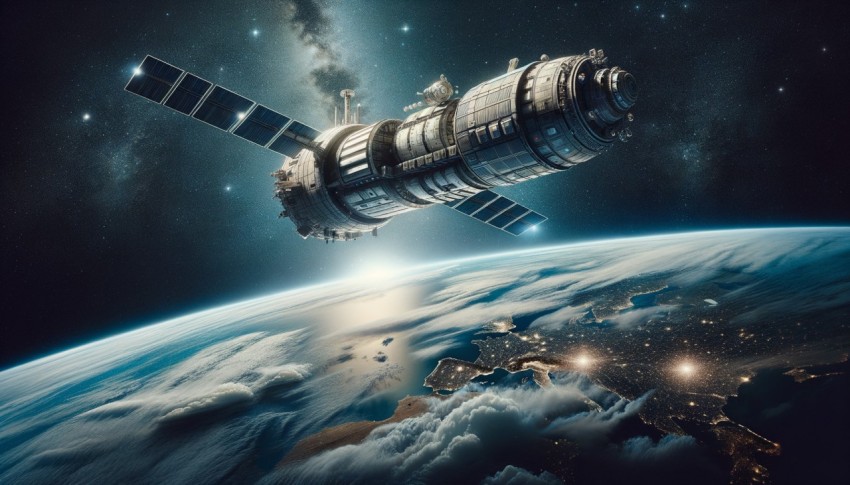 A communication satellite in outer space above the Earth, with a technology business background.