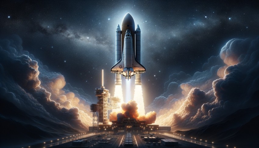 Space Shuttle Atlantis launches into the night sky on a mission, with the rocket beginning its journey into space. Elements furnished.