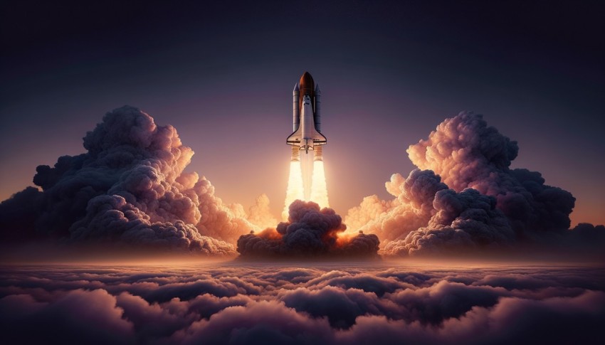 Space Shuttle Atlantis launches into the night sky on a mission, with the rocket beginning its journey into space. Elements furnished.