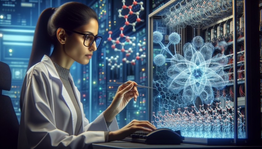 A futuristic laboratory where quantum computers accelerate drug discovery.