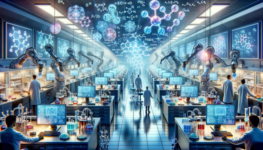 A futuristic laboratory where quantum computers accelerate drug discovery.