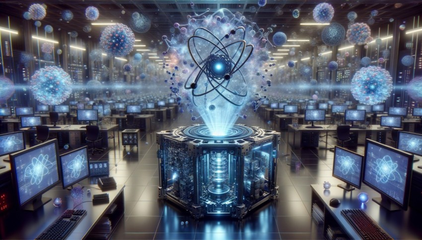 A futuristic laboratory where quantum computers accelerate drug discovery.