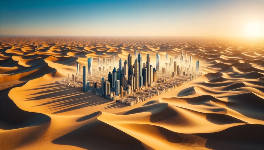 A desert, or a city that may appear to exist in the desert but is merely an illusion.