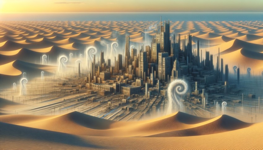 A desert, or a city that may appear to exist in the desert but is merely an illusion.