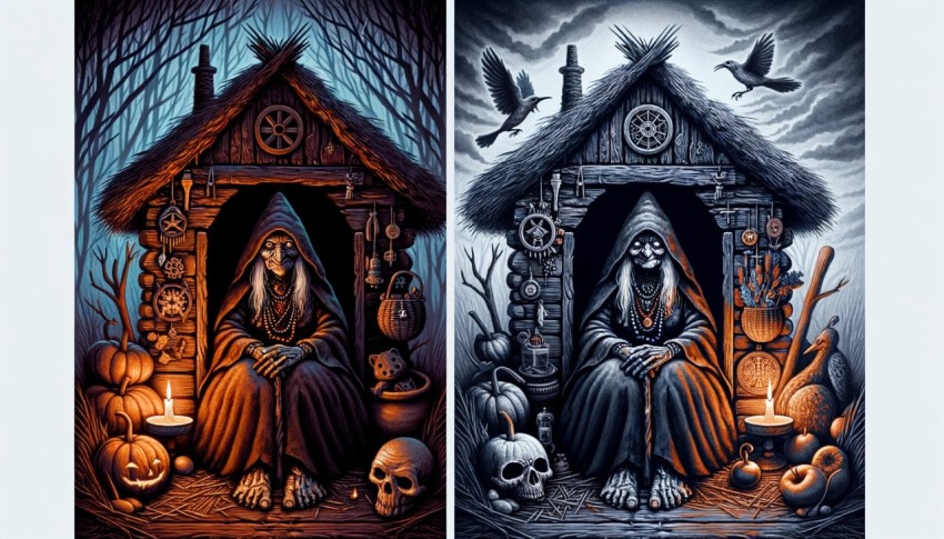 A character in Russian folklore often seen as a witch or an old woman with supernatural powers.