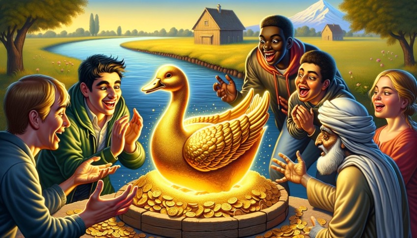 A young man who finds a goose that lays golden eggs every day, and others try to steal it when they learn about it.