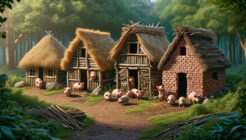 A tale about three little pigs who each build their own house to protect themselves from the wolf.