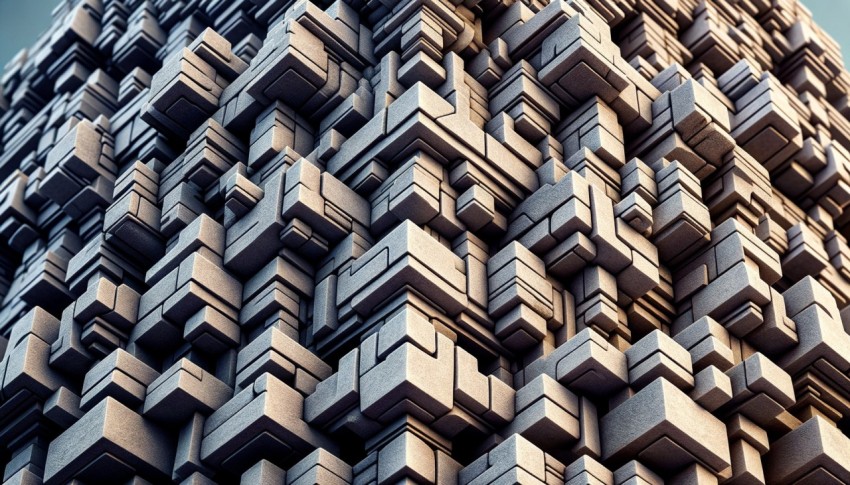 Abstract architectural design featuring the intricate details of a building facade made from stone blocks.