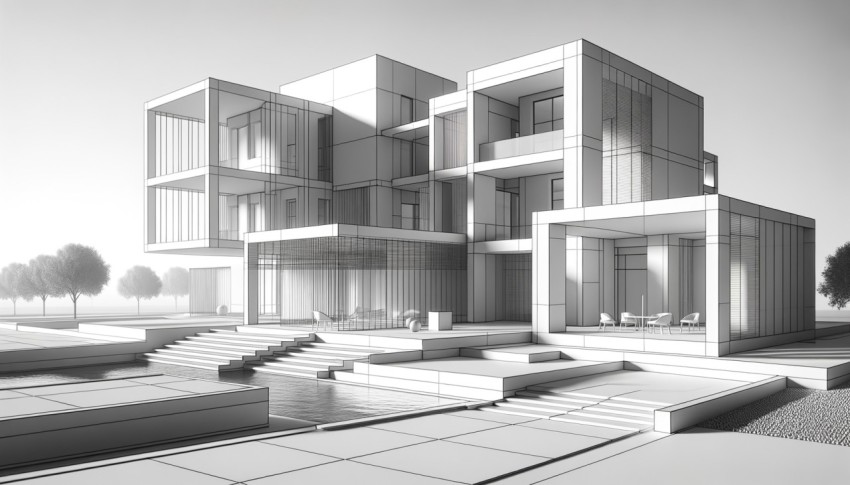 Abstract architectural design featuring the intricate details of a building facade made from stone blocks.