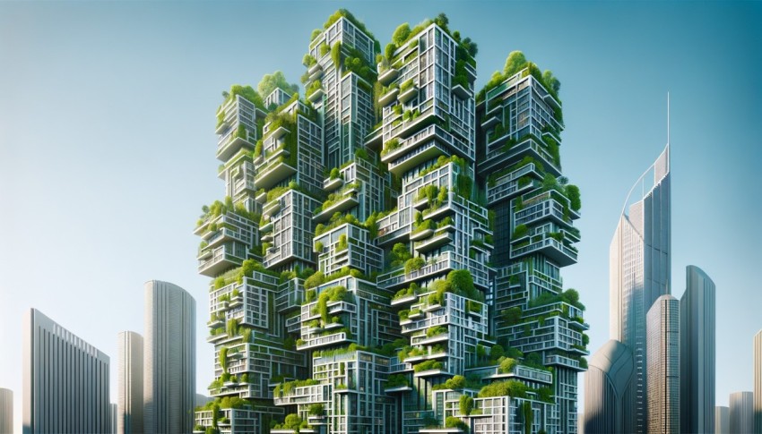 A green futuristic skyscraper showcasing the harmony between architecture and nature.