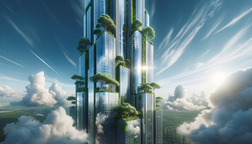 A green futuristic skyscraper showcasing the harmony between architecture and nature.