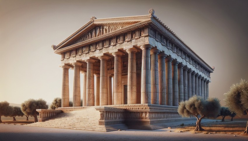 Ancient  temple architecture featuring Doric columns and a marble facade.