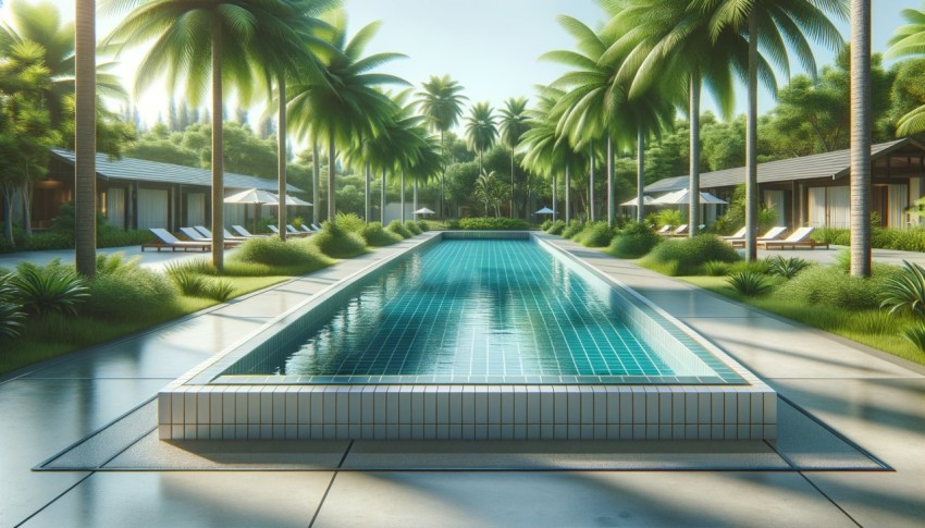 An empty swimming pool, bordered by palm trees, at the entrance of an outdoor resort hotel in Thailand.