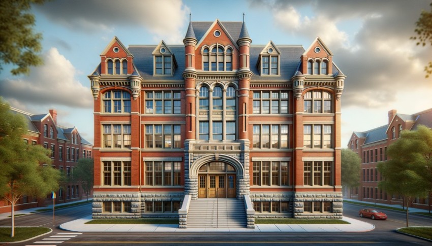 An exterior view of a public school yard, showcasing the architecture of a college or university campus.