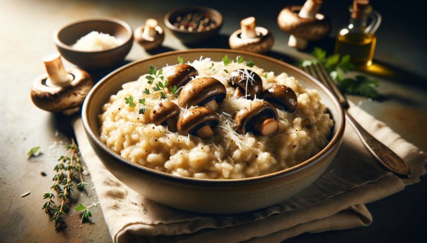 Freshly made creamy mushroom risotto, showcasing its creamy texture and delicious flavor.