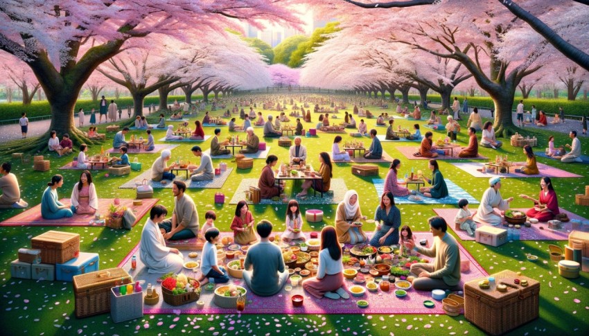 During the Hanami tradition People hold picnics under the cherry trees with family and friends. along with drinking alcohol and eating food together.