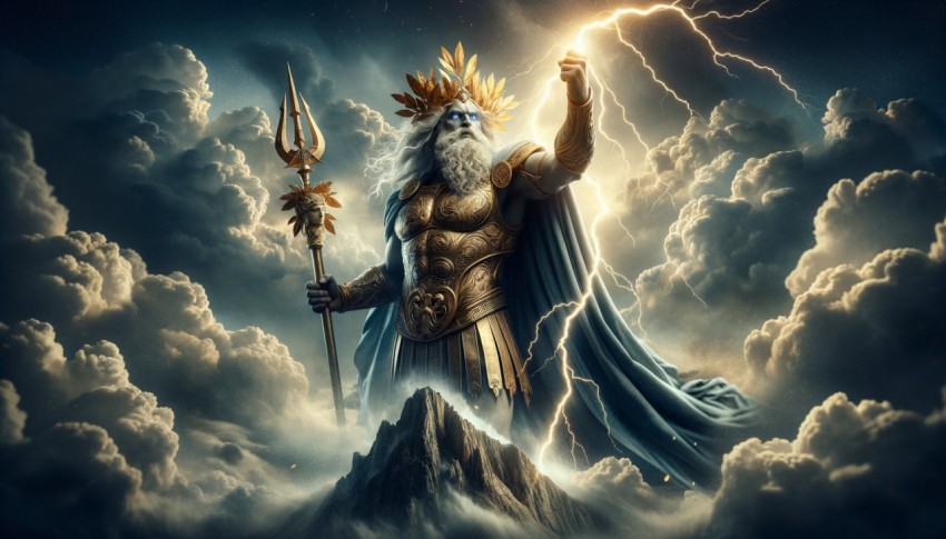 Zeus summoning a thunderstorm, intense lightning striking behind him