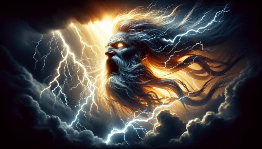 Zeus summoning a thunderstorm, intense lightning striking behind him