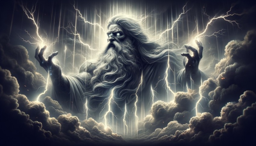 Zeus summoning a thunderstorm, intense lightning striking behind him