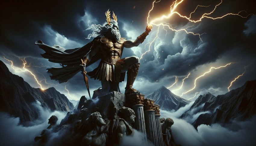 Zeus summoning a thunderstorm, intense lightning striking behind him