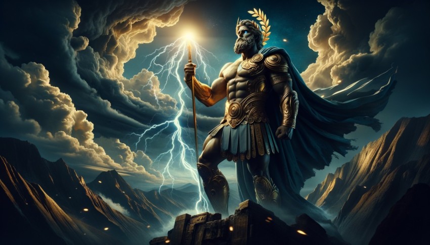 Zeus summoning a thunderstorm, intense lightning striking behind him