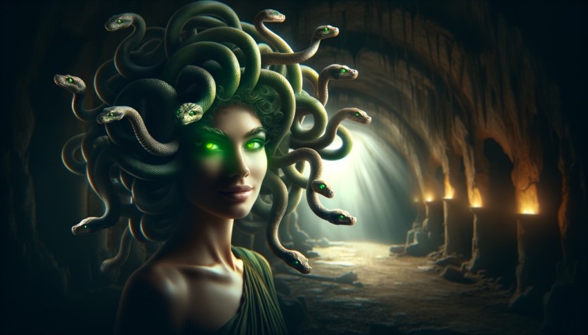 Medusa with snake hair, glowing green eyes, ancient cave setting, mysterious and dangerous