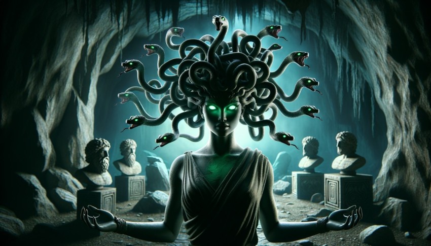 Medusa with snake hair, glowing green eyes, ancient cave setting, mysterious and dangerous
