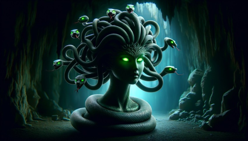 Medusa with snake hair, glowing green eyes, ancient cave setting, mysterious and dangerous