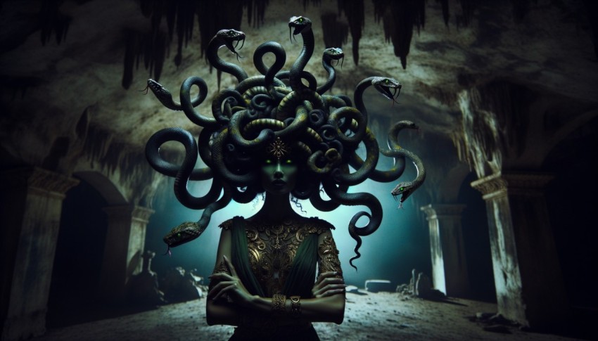 Medusa with snake hair, glowing green eyes, ancient cave setting, mysterious and dangerous