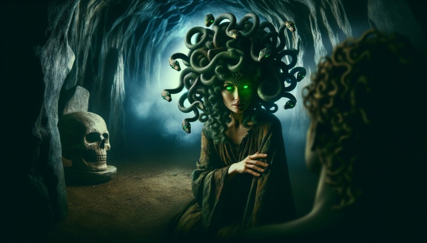 Medusa with snake hair, glowing green eyes, ancient cave setting, mysterious and dangerous