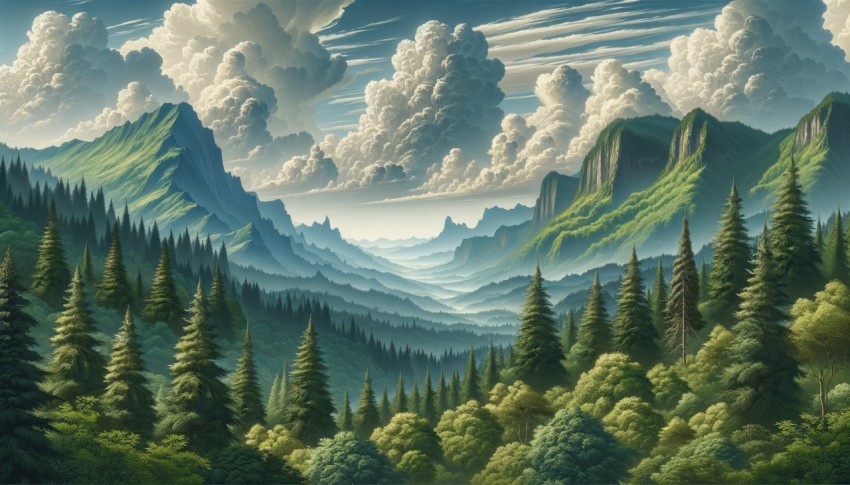Mountain peak from a high angle covered with green forest, cloudy sky, distant view