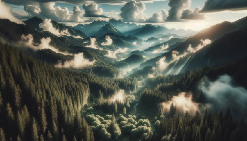 Mountain peak from a high angle covered with green forest, cloudy sky, distant view