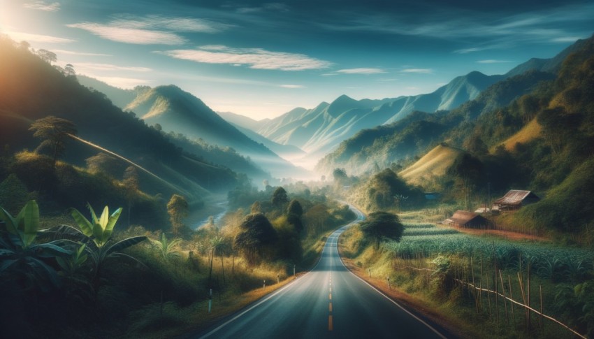 Mountain peak from a high angle covered with green forest, cloudy sky, distant view