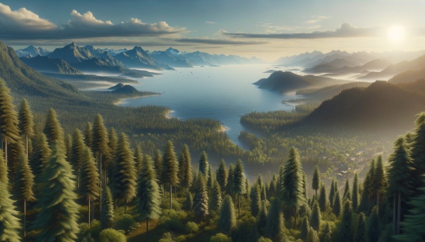 Mountain peak from a high angle covered with green forest, cloudy sky, distant view