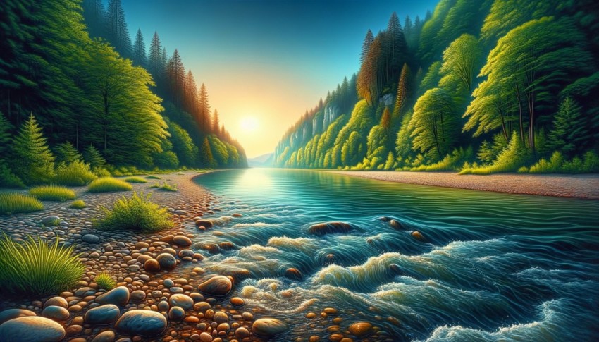 Nature with a river flowing through a long path