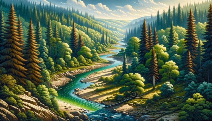 Nature with a river flowing through a long path