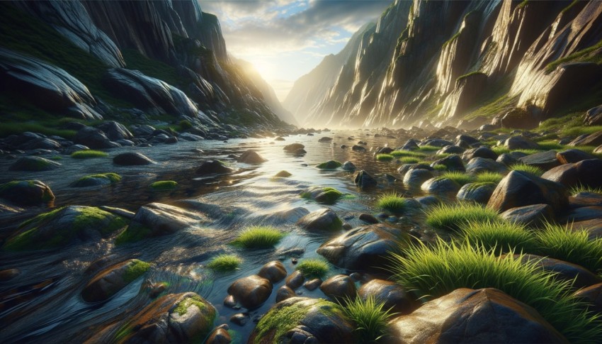 Nature with a river flowing through a long path