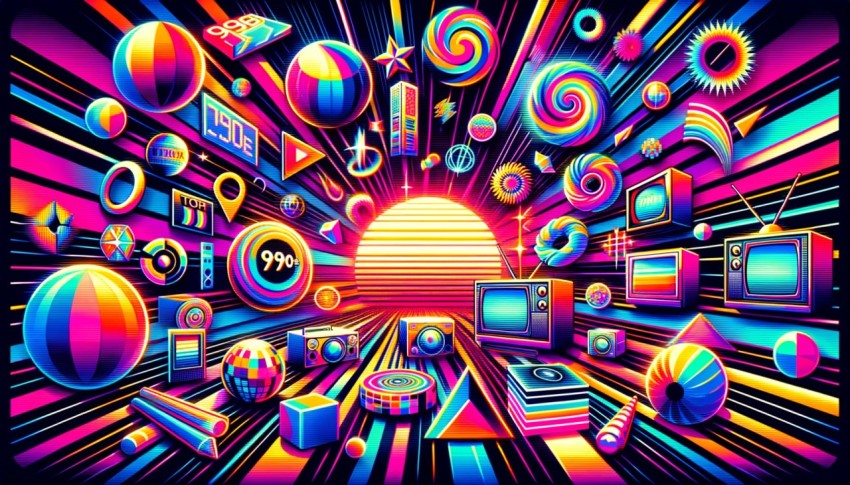 90s art and graphics are characterized by bold colors, geometric patterns, and pop culture inspiration.