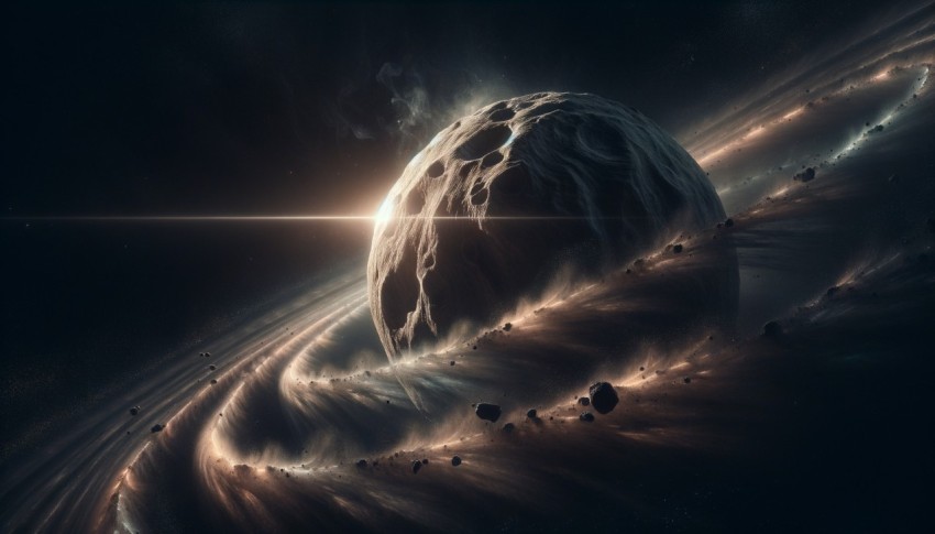 In the silence of space, the cosmic landscape never stops moving, galaxies orbiting each other slowly,