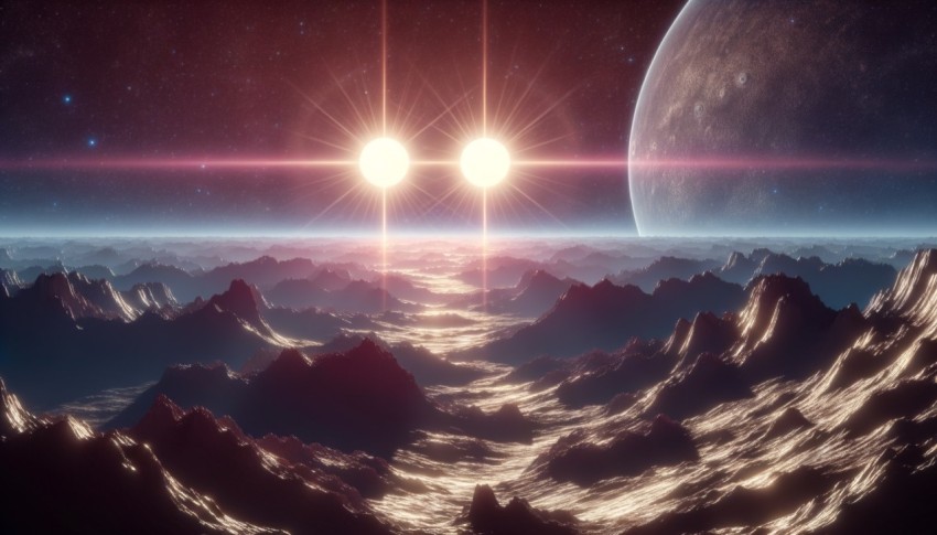 In the silence of space, the cosmic landscape never stops moving, galaxies orbiting each other slowly,