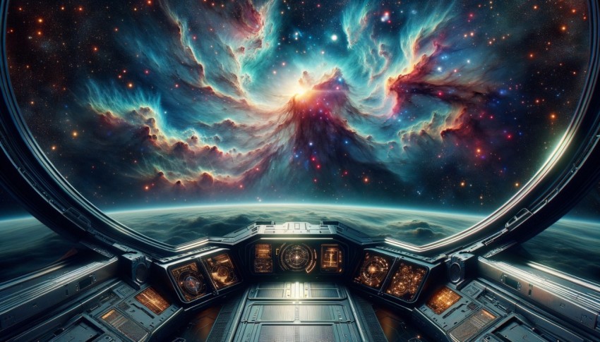 In the silence of space, the cosmic landscape never stops moving, galaxies orbiting each other slowly,