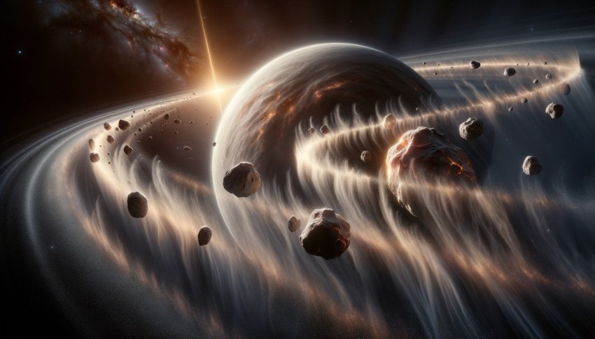 In the silence of space, the cosmic landscape never stops moving, galaxies orbiting each other slowly,