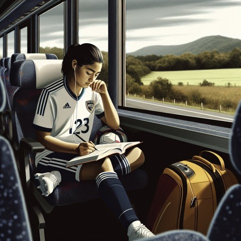 Take a photo of a student athlete studying while traveling for a game  9