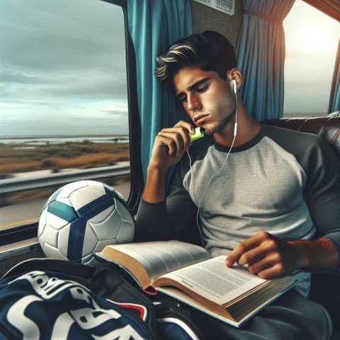 Take a photo of a student athlete studying while traveling for a game  8