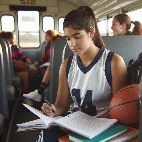 Take a photo of a student athlete studying while traveling for a game  7