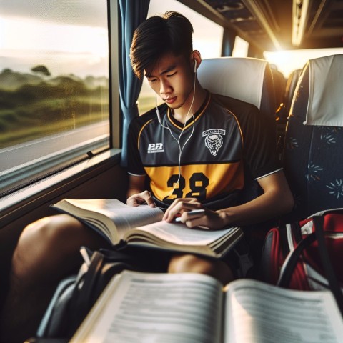 Take a photo of a student athlete studying while traveling for a game  6