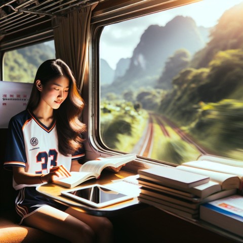 Take a photo of a student athlete studying while traveling for a game  5