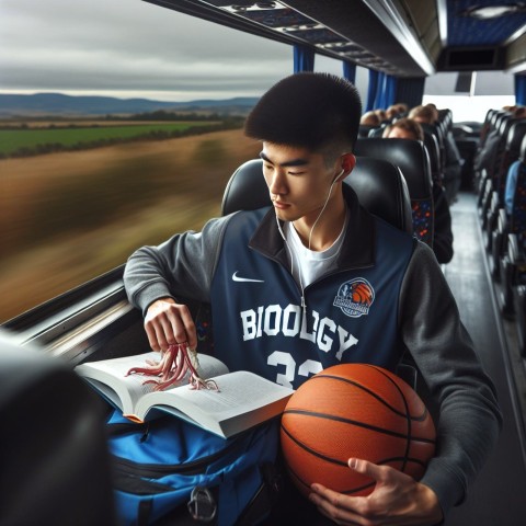 Take a photo of a student athlete studying while traveling for a game  3