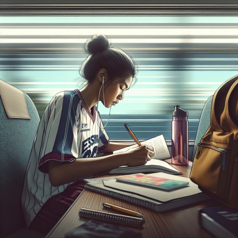 Take a photo of a student athlete studying while traveling for a game  2