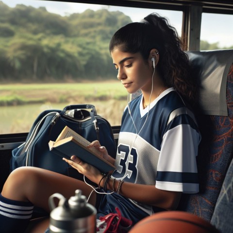 Take a photo of a student athlete studying while traveling for a game  1